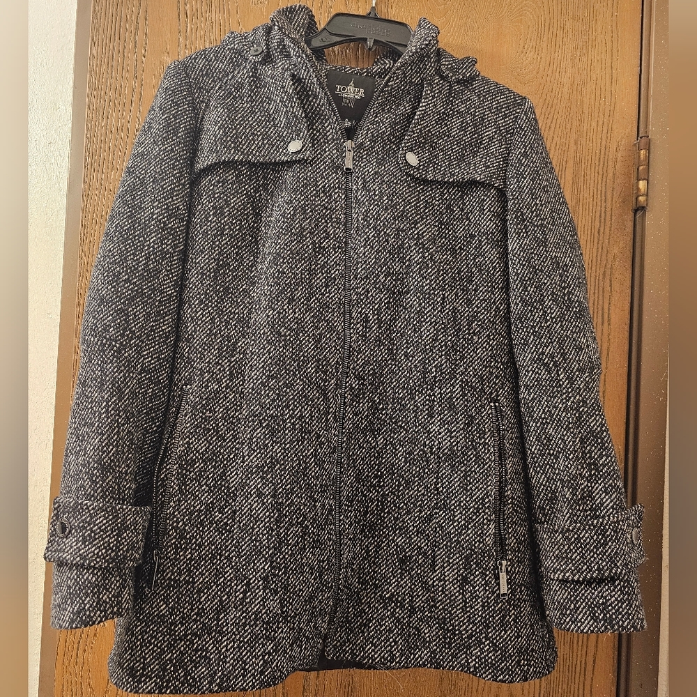London Fog Tower Women’s Hooded Black Winter Tweed Pea Coat, Wool Blend Size S